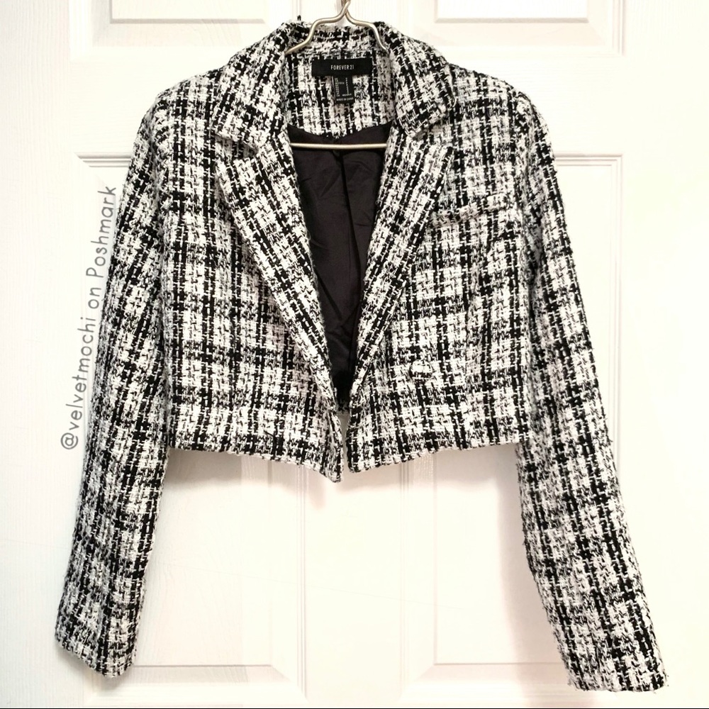 Forever 21 · Tweed Crop Blazer Black White and Silver Cropped Jacket - Picture 2 of 10